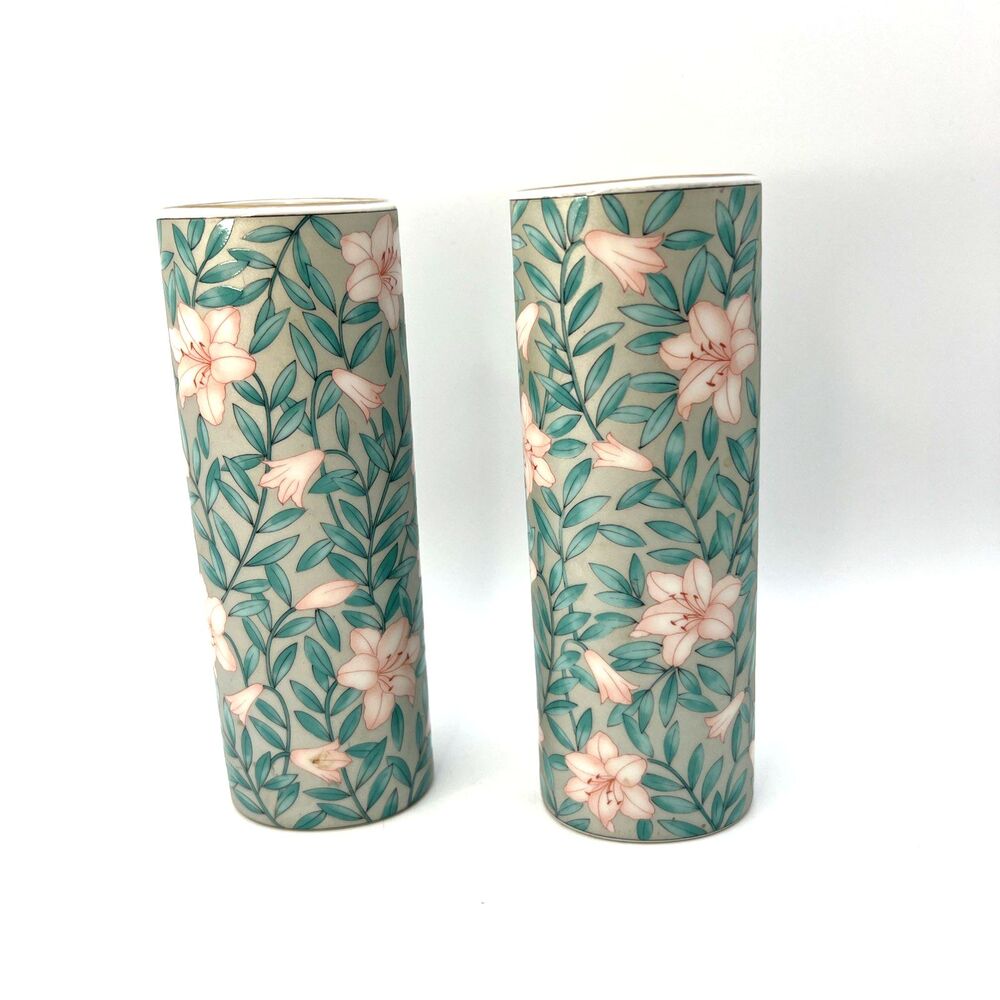 Pair Of Vtg Otagiri Serenade 6.25" Pink Flowers Teal, Silver Bud Vases